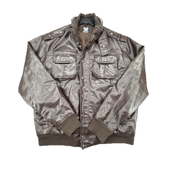 Vintage Southpole Bomber Jacket Men Faux Leather Zip/Snap Brown pockets zip‎ 2XL